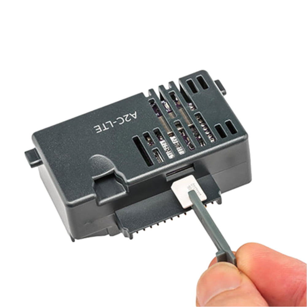 Hunter A2CLTEM cellular module with label and mounting features visible, illustrating compact form factor and orientation for ACC2 controller installation.