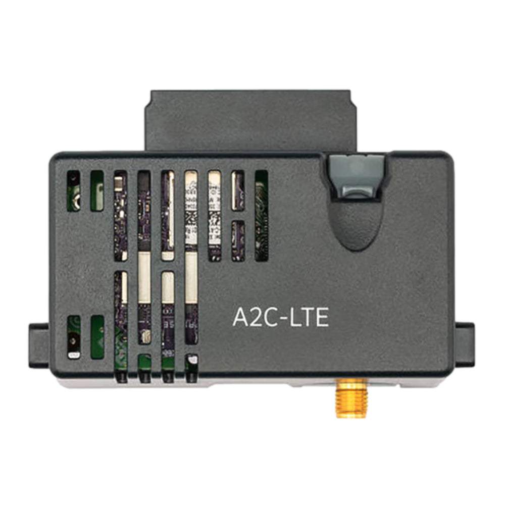 Front view of Hunter A2CLTEM 4G LTE cellular communication module showing connector ports and compact housing for ACC2 controllers, product on plain background.
