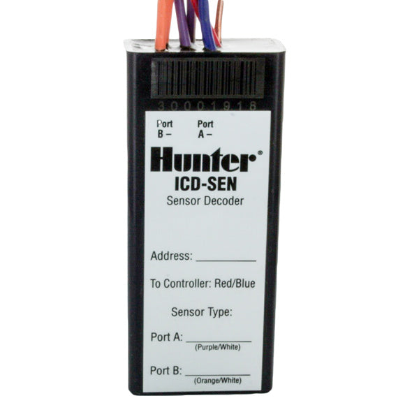Hunter ICDSEN sensor decoder for use with ACC controllers showing dual sensor inputs, sturdy IP68 enclosure and wiring terminals for flow or Clik sensors.