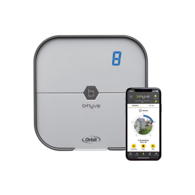 Orbit B-hyve 8-station indoor irrigation controller front view showing terminal layout, digital interface, and gray wall-mount enclosure.