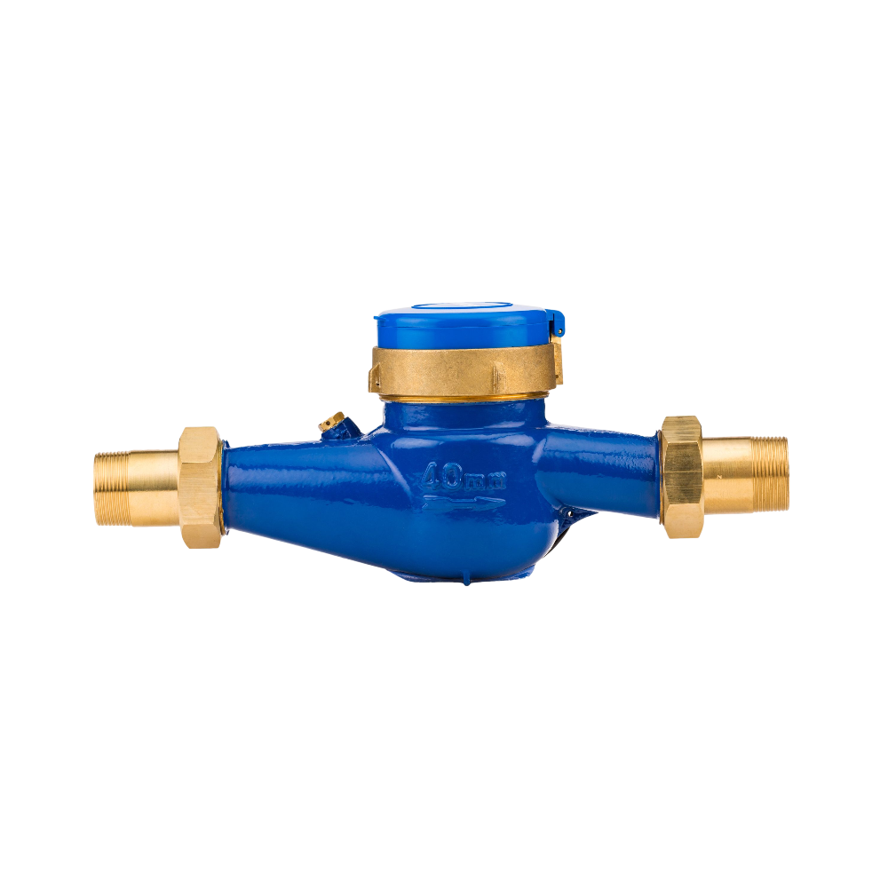 Product image of Hunter HC Flow Meter showing compact sensor body, union fittings, and threaded connection intended for irrigation system installation.