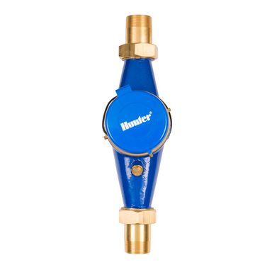 Hunter HC150FLOW flow meter (1-1/2 inch NPT) showing blue body, union coupling and readable flow dial; side view for installation reference.