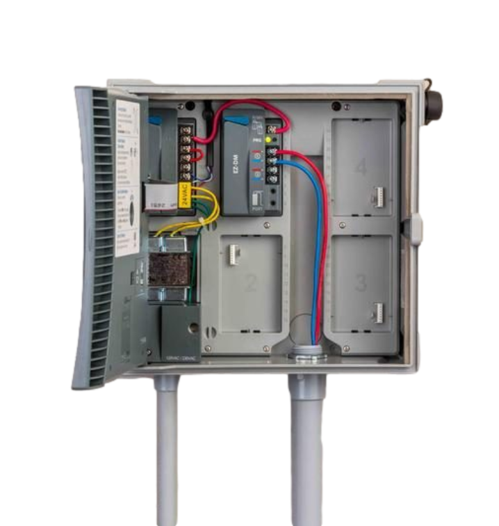 Close-up of ICC2 controller display and interface showing high-visibility backlit screen, programming buttons, and language overlay.