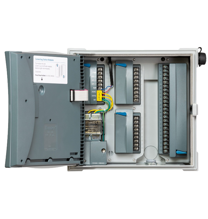 Composite product image showing Hunter ICM station expansion modules and selection options for ICC2 and HCC controllers, front view and labels.