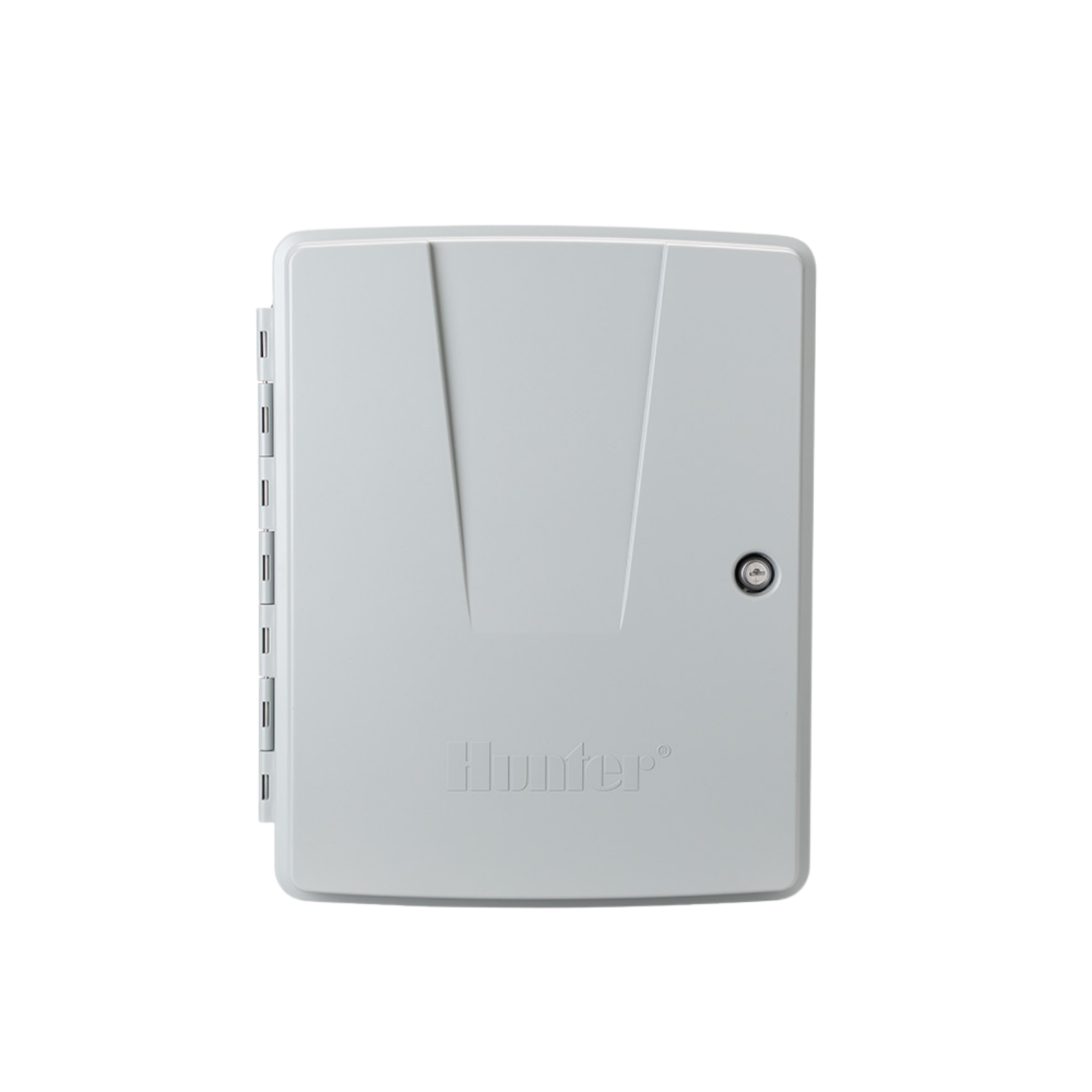 Front view of Hunter MCC-800-P controller in gray plastic wall-mount cabinet, closed.