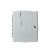 Front view of Hunter MCC-800-P controller in gray plastic wall-mount cabinet, closed.