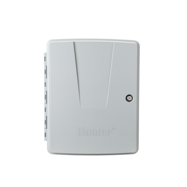 Front view of Hunter MCC-800-P controller in gray plastic wall-mount cabinet, closed.