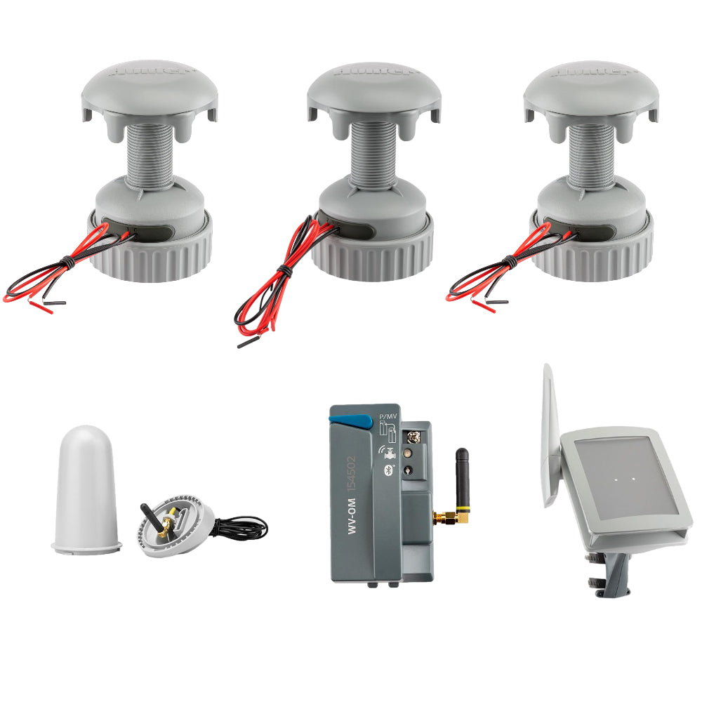 Group view showing Hunter Wireless Valve Link models (WVL-100, WVL-200, WVL-400) with WVOM and RPT repeater, product layout and accessories for installation (approx. 100 characters).