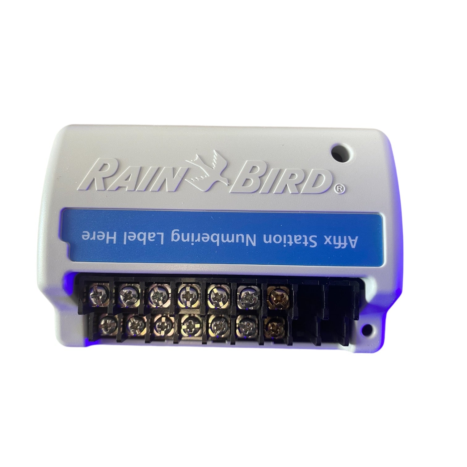 Front view of Rain Bird ESPLXMSM12 12-station expansion module showing model label, LED indicators and terminal wiring row.