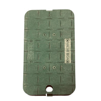 Top view of NDS D1000-SGL green drop-in valve box cover showing molded valve markings and lift slot against a neutral background.