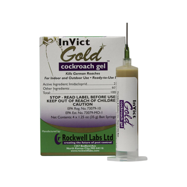 Box of InVict Gold cockroach gel showing four 35 g syringes of pale bait, product name and package graphics clearly visible.
