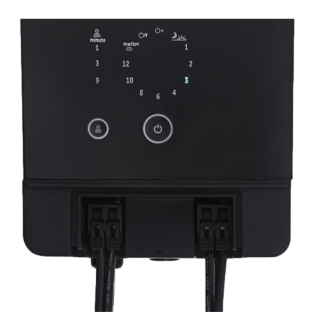 Angled view of the Hub 100 unit displaying touchscreen controls, wiring entry points and sturdy molded housing for outdoor installations.