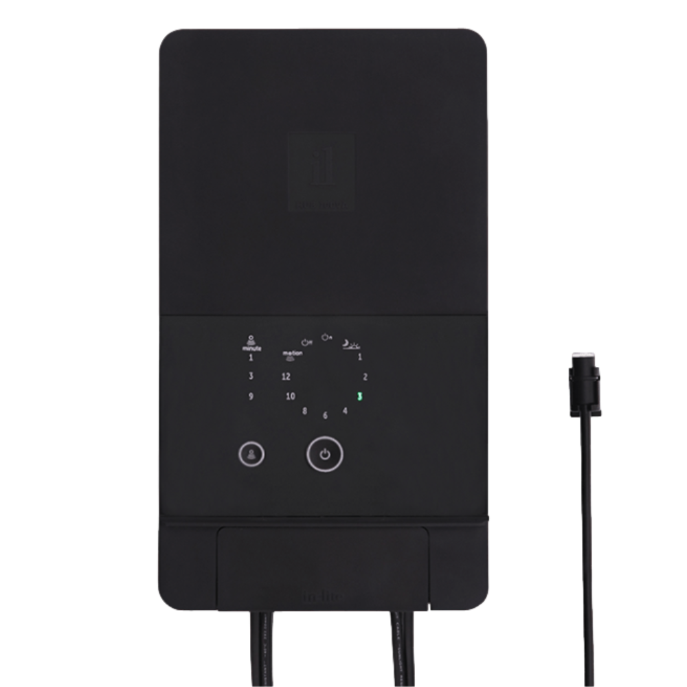 Front view of In-Lite Hub 100 transformer showing touchscreen panel, power indicators and two cable outlets for low-voltage lighting systems.