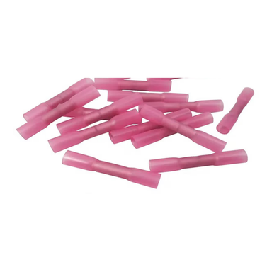 Pink adhesive-lined heat-shrink butt splice connectors in sealed bag, 100 per pack, waterproof for outdoor string lights and low-voltage wiring.
