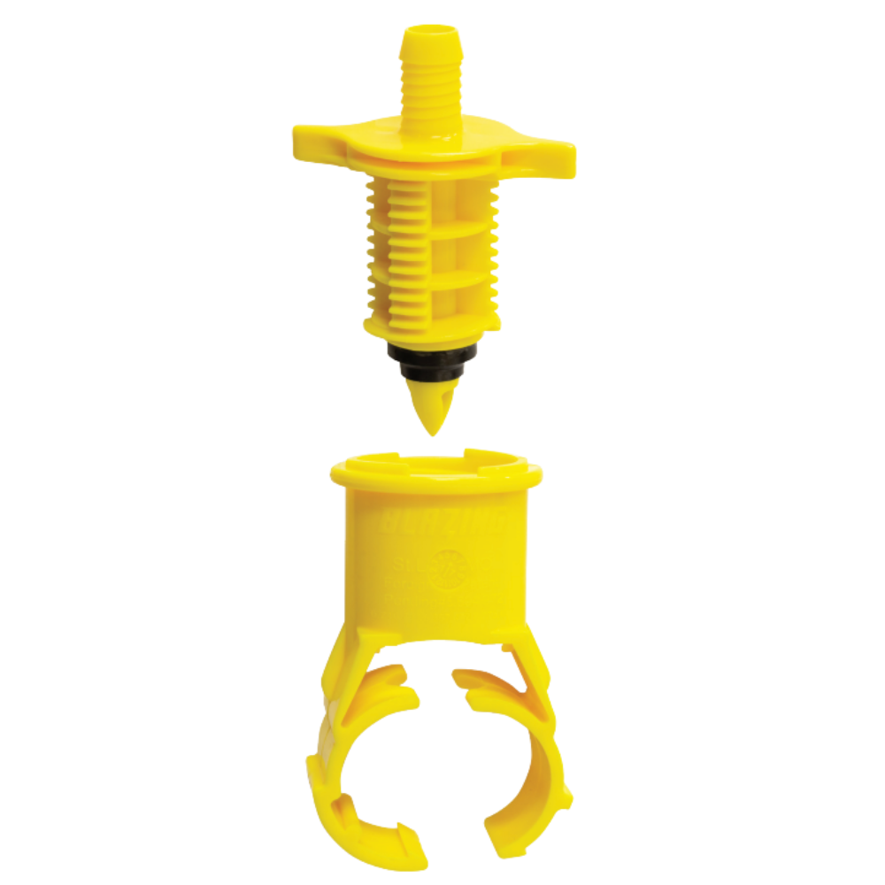 King Innovations Blazing Swing Pipe Saddle on white background, PVC saddle body with threaded outlet visible, product orientation and shape shown clearly.