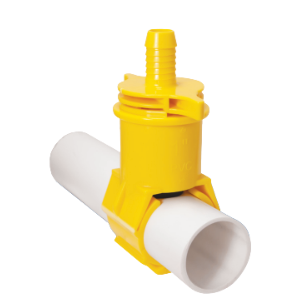Close view of Blazing PVC saddle showing saddle clamp profile and barbed outlet, highlighting the self-tapping feature and molded PVC construction.
