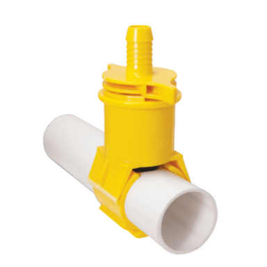 Close view of Blazing PVC saddle showing saddle clamp profile and barbed outlet, highlighting the self-tapping feature and molded PVC construction.
