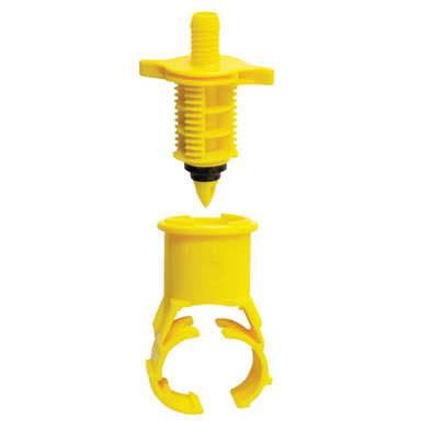 King Innovations Blazing Swing Pipe Saddle on white background, PVC saddle body with threaded outlet visible, product orientation and shape shown clearly.