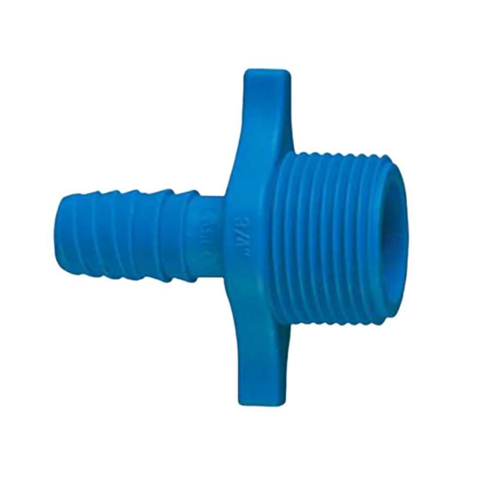 Close-up of Lasco 3/4 in. Male Adapter (MIPT x Double Helix) acetal irrigation fitting showing the threaded Double Helix twist-on connection and body profile.