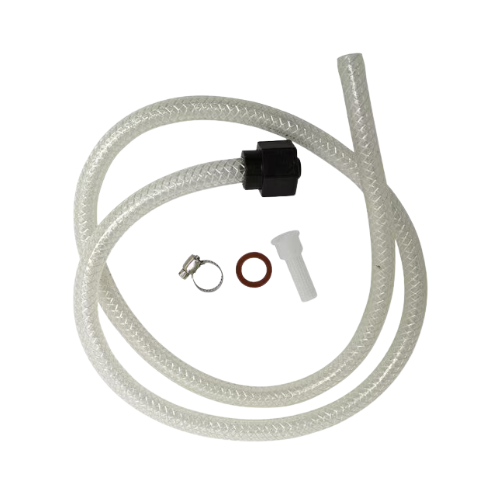 Detailed close-up of hose fittings and integrated filter for Chapin 6-8105 replacement hose assembly, clear material visible.