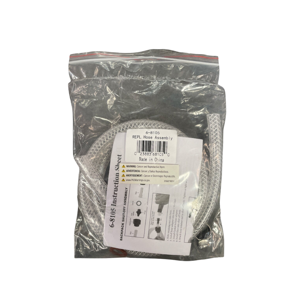 Full-length 48-inch transparent braided hose assembly, showing hose length, filter screen and molded fittings against white backdrop.