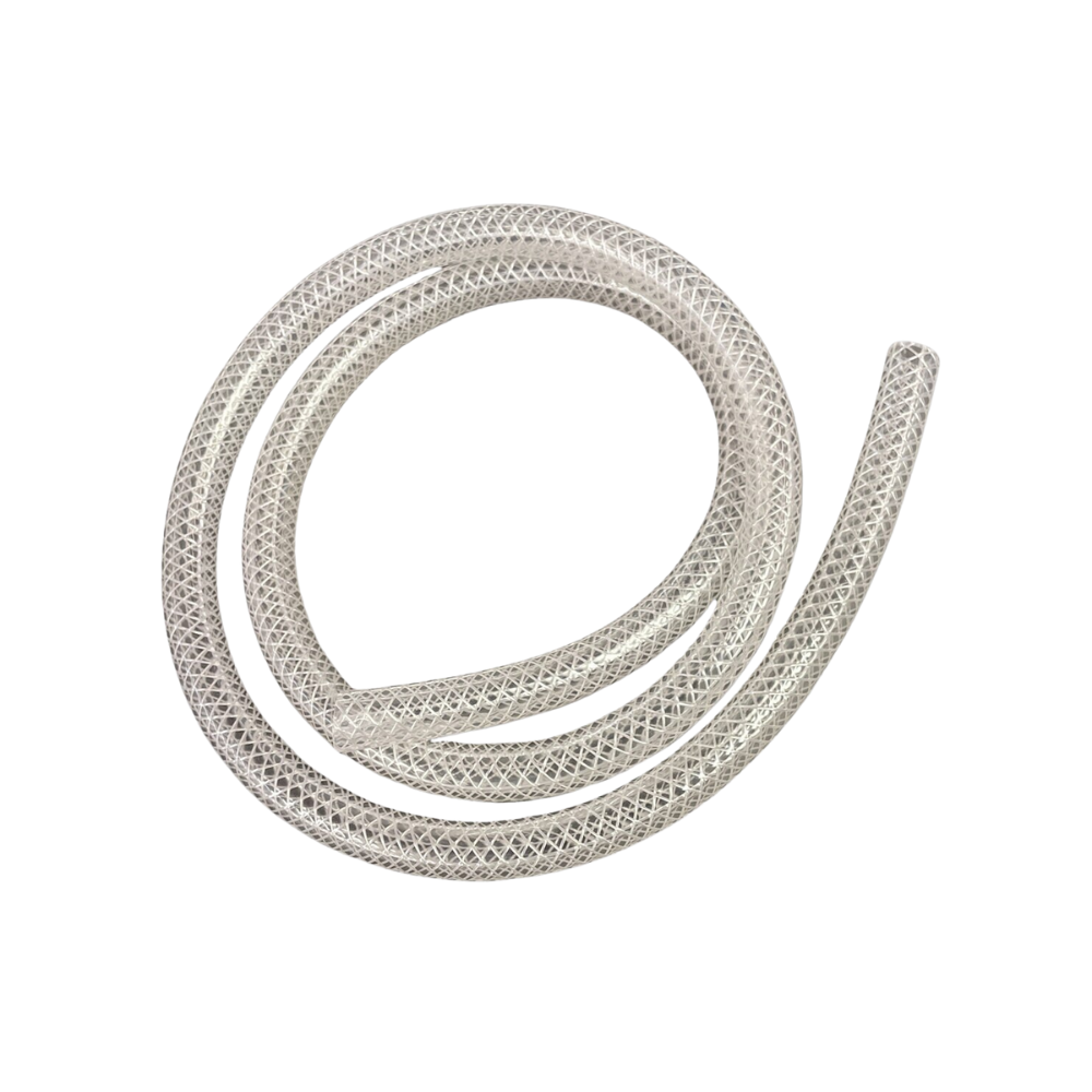 Alternate angle of the reinforced 48-inch sprayer hose assembly showing filter placement and hose braid pattern for inspection.