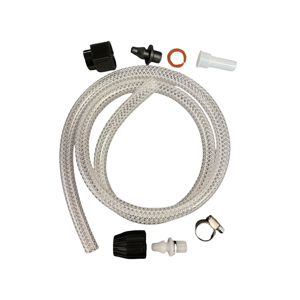Close view of 48-inch reinforced sprayer hose assembly with in-tank debris filter and fittings on white background, front angle.