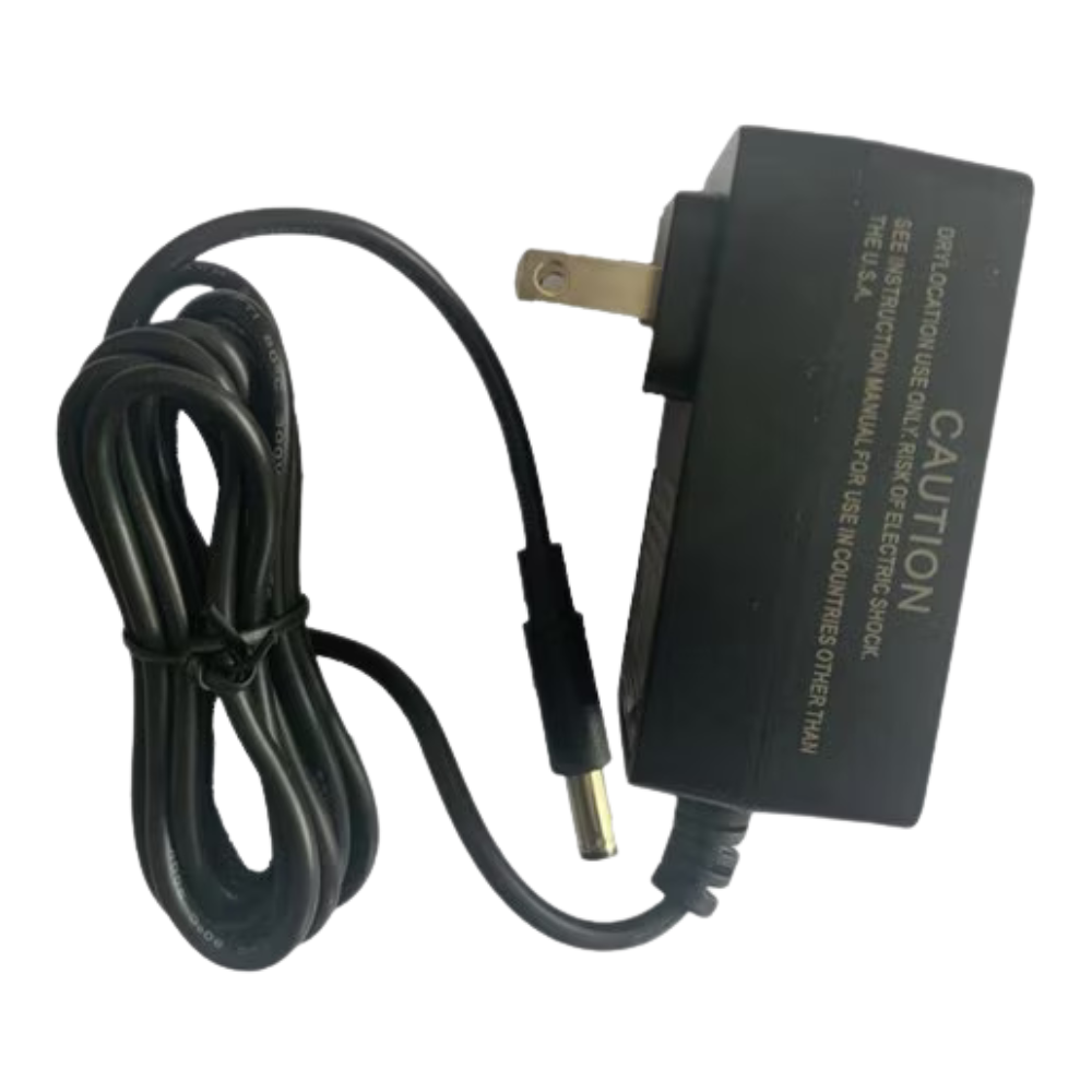 Front view of FlowZone 21V/1A Li‑Ion battery charger (FZAAEP) on white background, showing plug and cable.