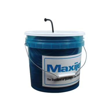 Coiled black Maxijet 1/4 in vinyl distribution tubing in a 500 ft bucket; roll of flexible tubing with visible label and packaging.
