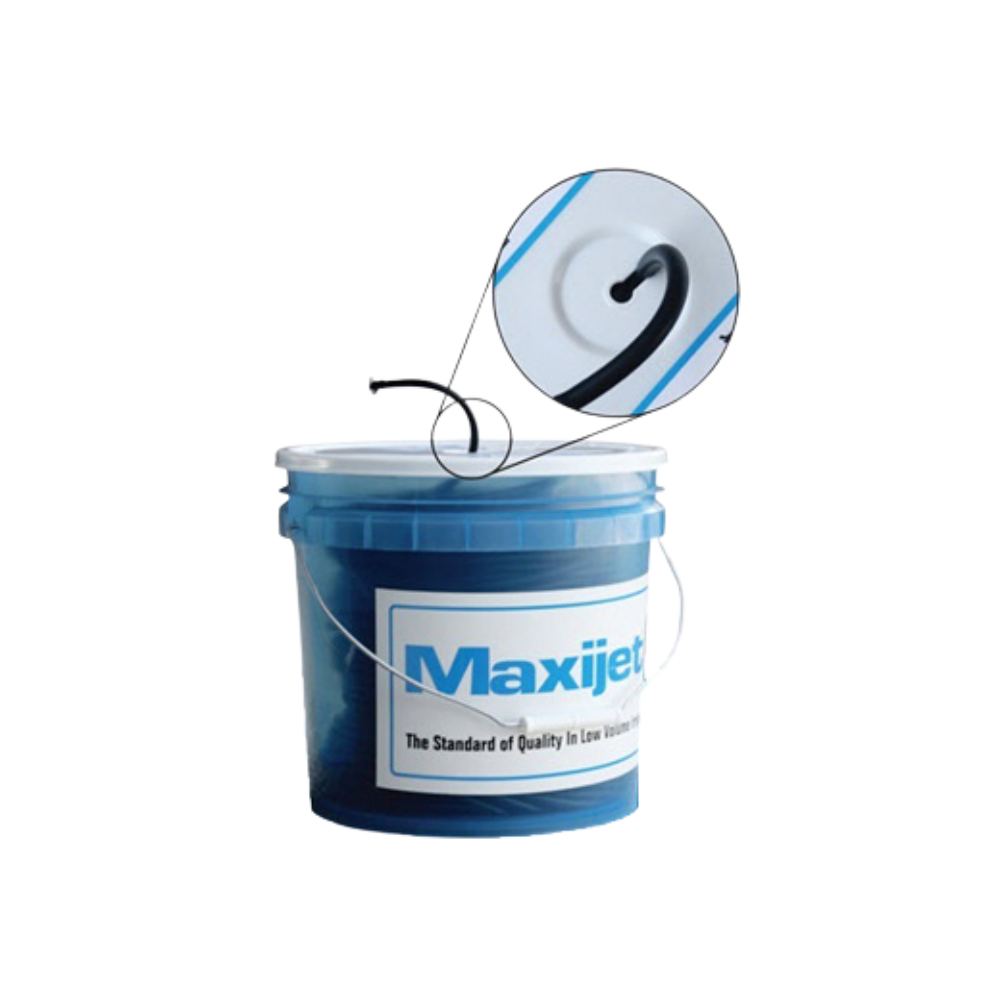 Close view of black Maxijet 1/4 in vinyl distribution tubing showing coiled tubing and bucket packaging for irrigation installs.