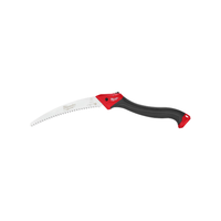 Milwaukee 10-inch folding pruning saw open view showing curved chrome-plated blade, quadruple-ground teeth and red-black comfort grip handle for cutting.