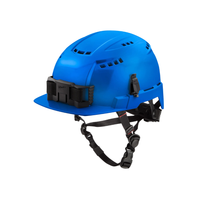Blue Milwaukee BOLT front-brim vented safety helmet, side view showing adjustable ratchet, five-buckle chin strap, and accessory slot locations.