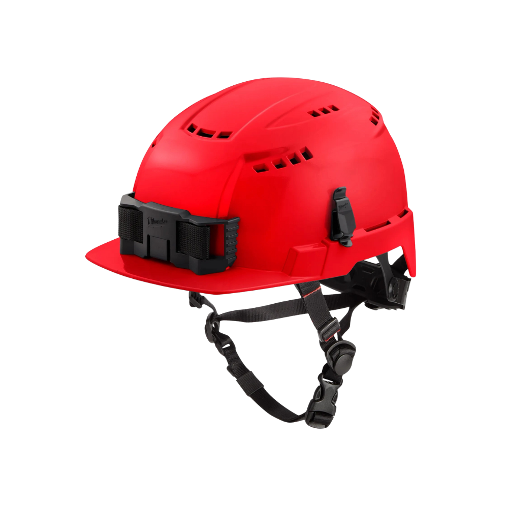 Red Milwaukee BOLT front-brim vented safety helmet, front view showing BOLT headlamp mount, marker clip, and vented shell details.