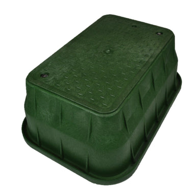 Green NDS Pro-Spec rectangular valve box 13 x 24 x 12 in with overlapping ICV lid, included 3" x 3/8" bolt, reinforced ribs.