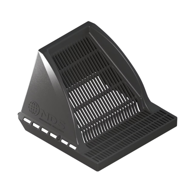 Black NDS 12 in. Downspout Defender HDPE square grate showing angled face and front debris shelf