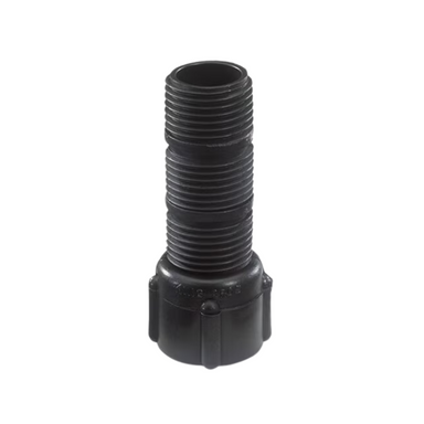 Black NDS cut-off riser extension with FIPT x MIPT threaded ends, 1/2 in x 3 in size, UV-resistant polyethylene construction, product photo.