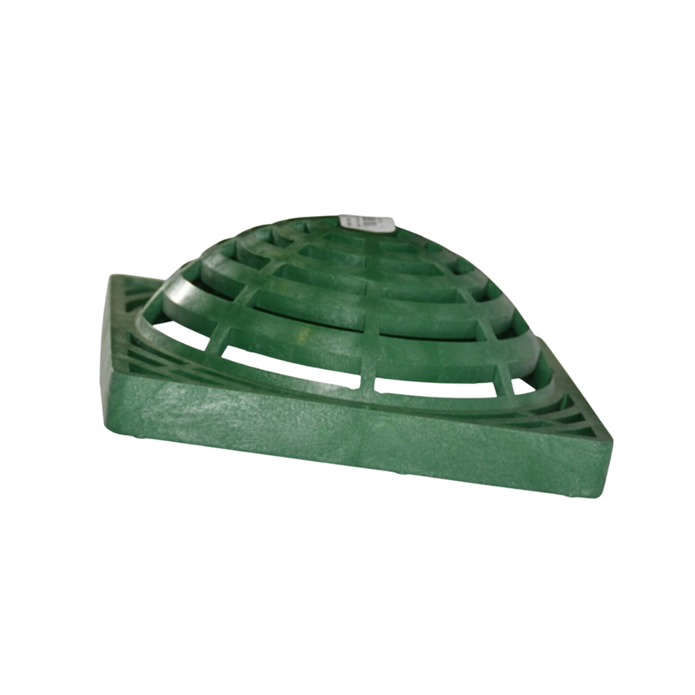 Top and side view of NDS 991 9-inch square polyolefin atrium grate in green, highlighting domed center, grate openings, and edge flange for catch basin fit