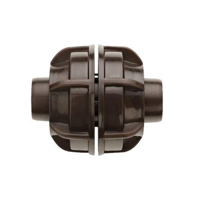 Side view of Netafim TechLock 17mm coupling in dark brown, showing barbed insert and socket fit for PE tubing.