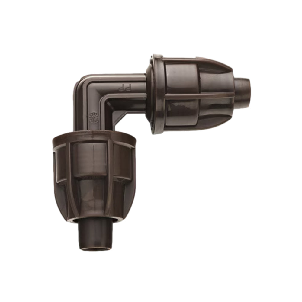 Angled view of Netafim TechLock 17mm elbow in dark brown, highlighting barbed insert and compact, low-profile design.