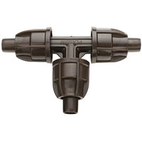 Close-up image of Netafim TechLock 17mm insert tee in dark brown, showing barbed insert, sealing shoulder, and profile.