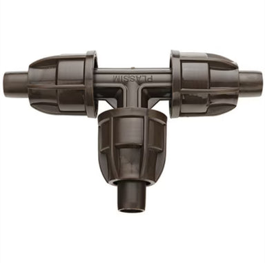 Close-up image of Netafim TechLock 17mm insert tee in dark brown, showing barbed insert, sealing shoulder, and profile.