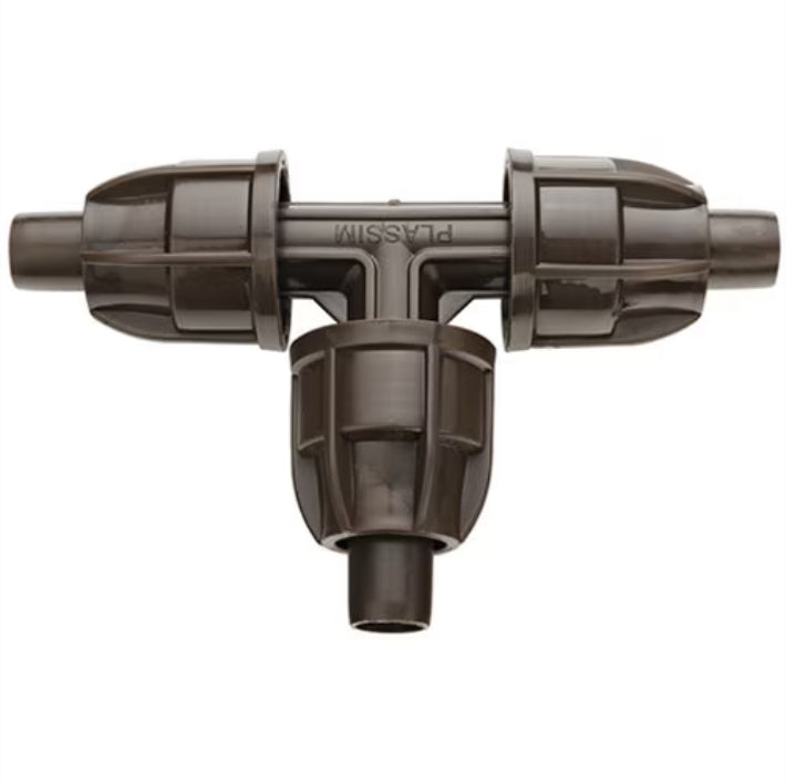 Close-up image of Netafim TechLock 17mm insert tee in dark brown, showing barbed insert, sealing shoulder, and profile.