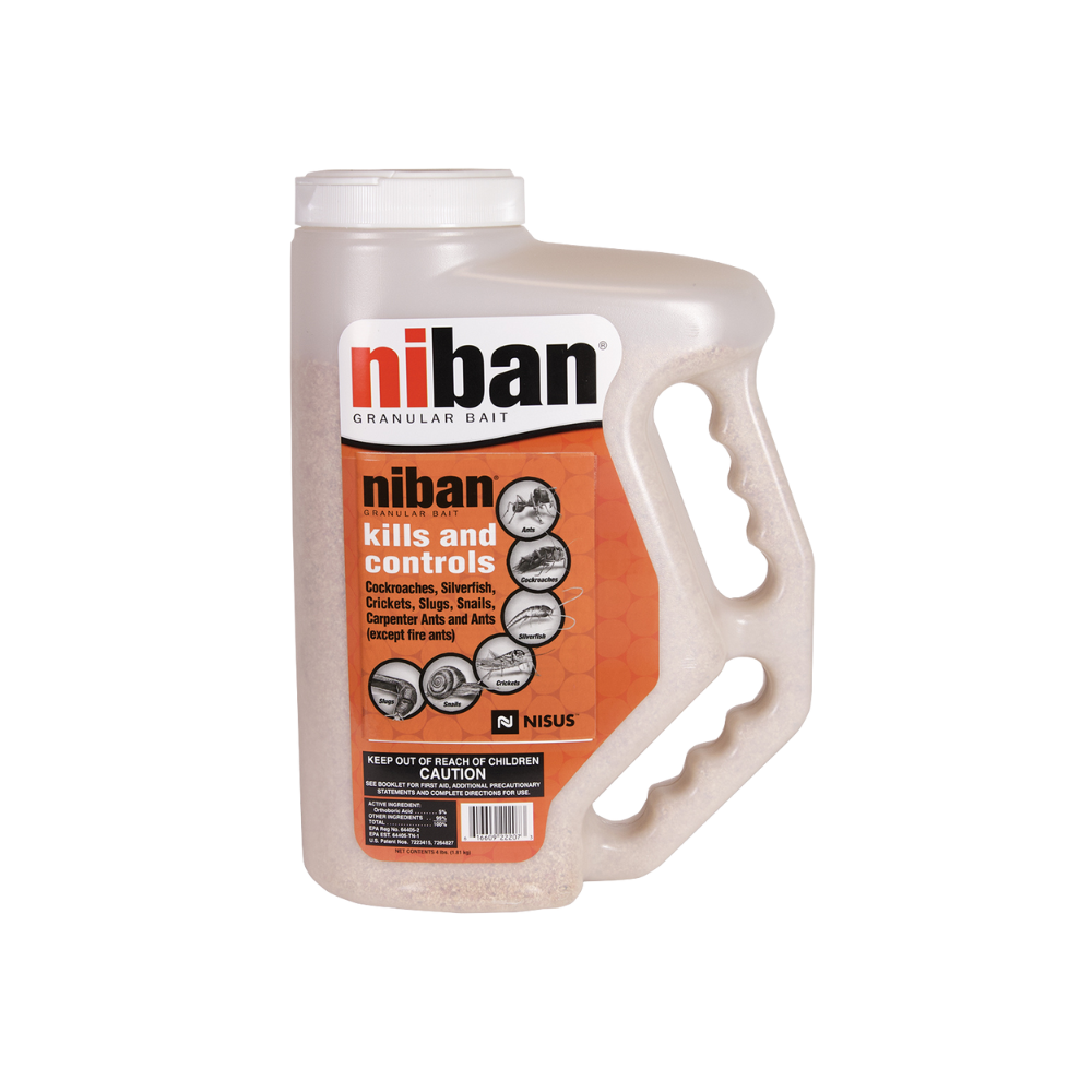 Photo of Niban 4 lb granular bait in a comfort-grip applicator bottle showing weather-resistant granules and dosing tip.