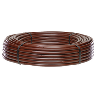 Composite product image of Netafim Techline CV 17mm dripline showing tubing profile, emitter locations, flow-rate callouts, and spacing labels for installation planning (illustration).