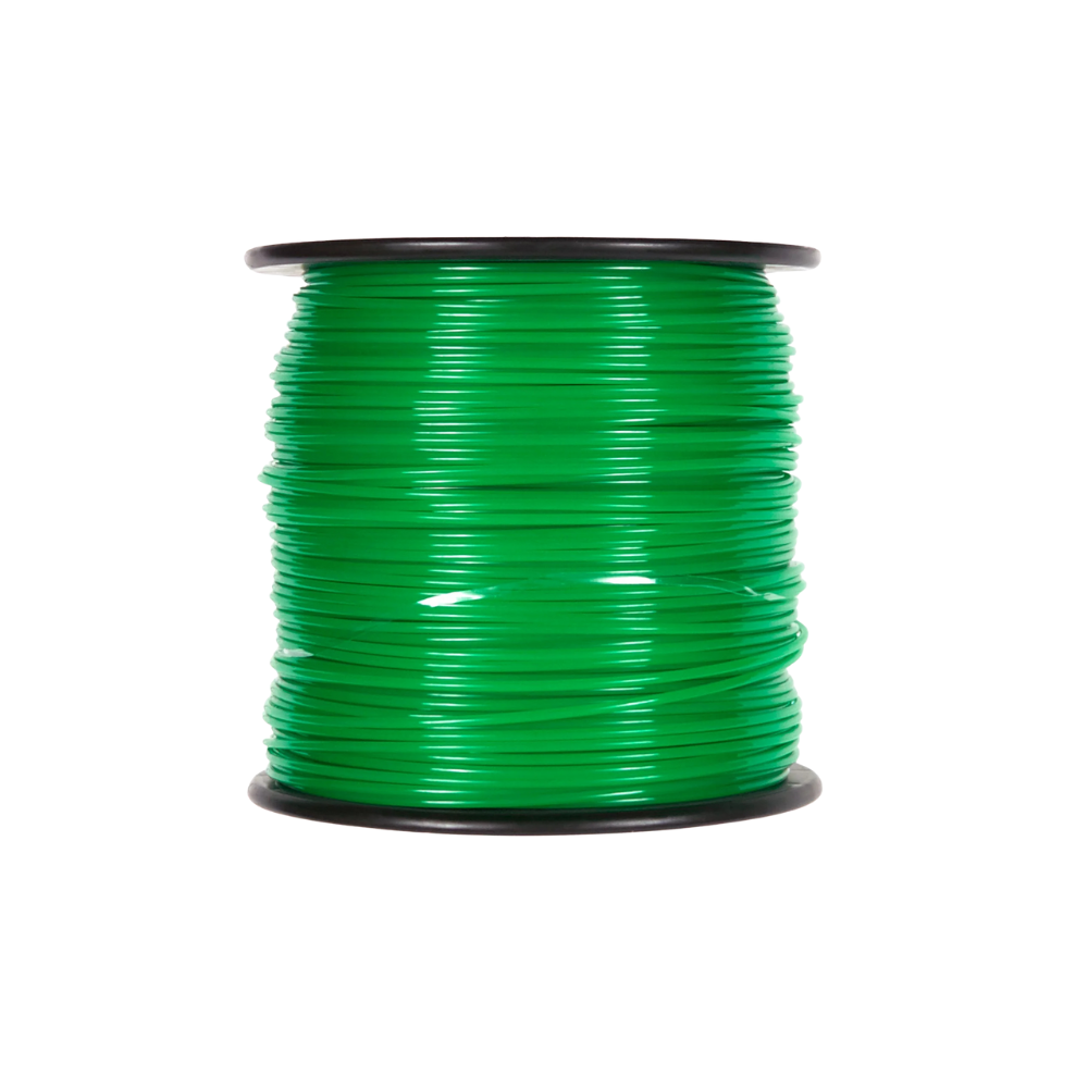Oregon .105 in (2.7 mm) round trimmer line shown on a 3 lb spool, green co‑polymer line wound neatly on a labeled plastic spool to limit tangles.