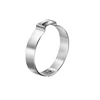 Oetiker stainless steel one-ear crimp clamp, 1-1/4 in (425R) — close-up of ear and band showing interlock for hose use.