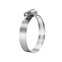 Close-up of an Oetiker stainless steel worm drive clamp showing band, housing and hex screw; suitable for hose and irrigation applications, corrosion resistant and durable.