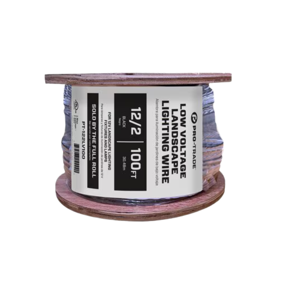 Pro-Trade PT-122LV100 12 AWG 2-conductor roll with printed marking and product label visible for outdoor lighting use.