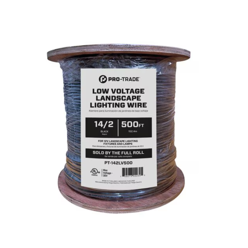 Pro-Trade PT-142LV500 14 AWG 500 ft. coiled roll, black PVC insulation, intended for landscape fixtures and short-distance runs.