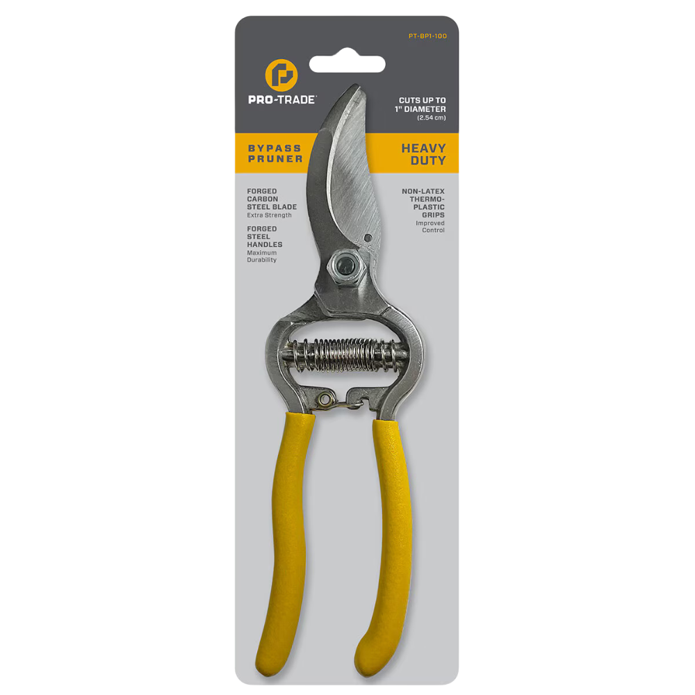 Front view of PT-BP1-100 bypass pruner with steel handle, showing blade and ergonomic textured grip for secure pruning.